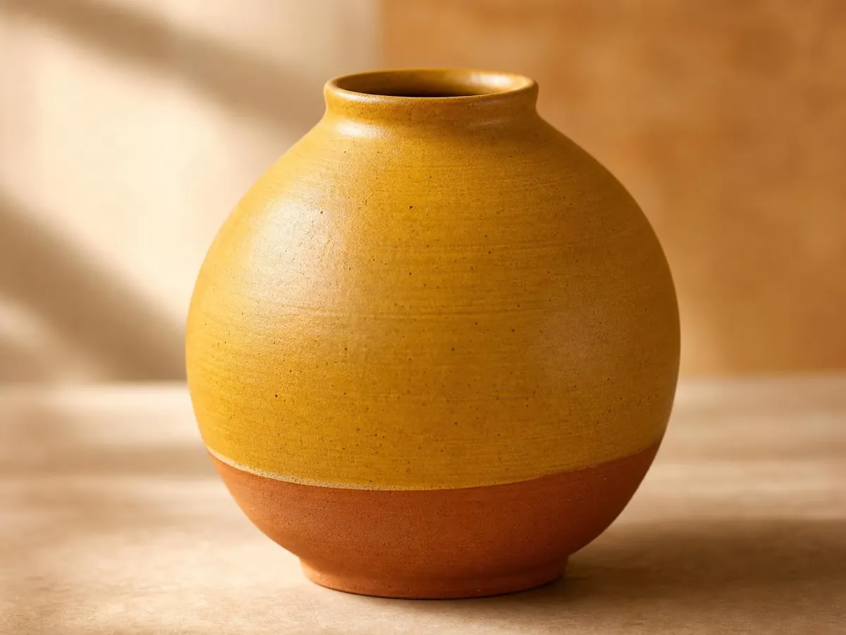 Jarrón mostaza redondo de cerámica, base terracota